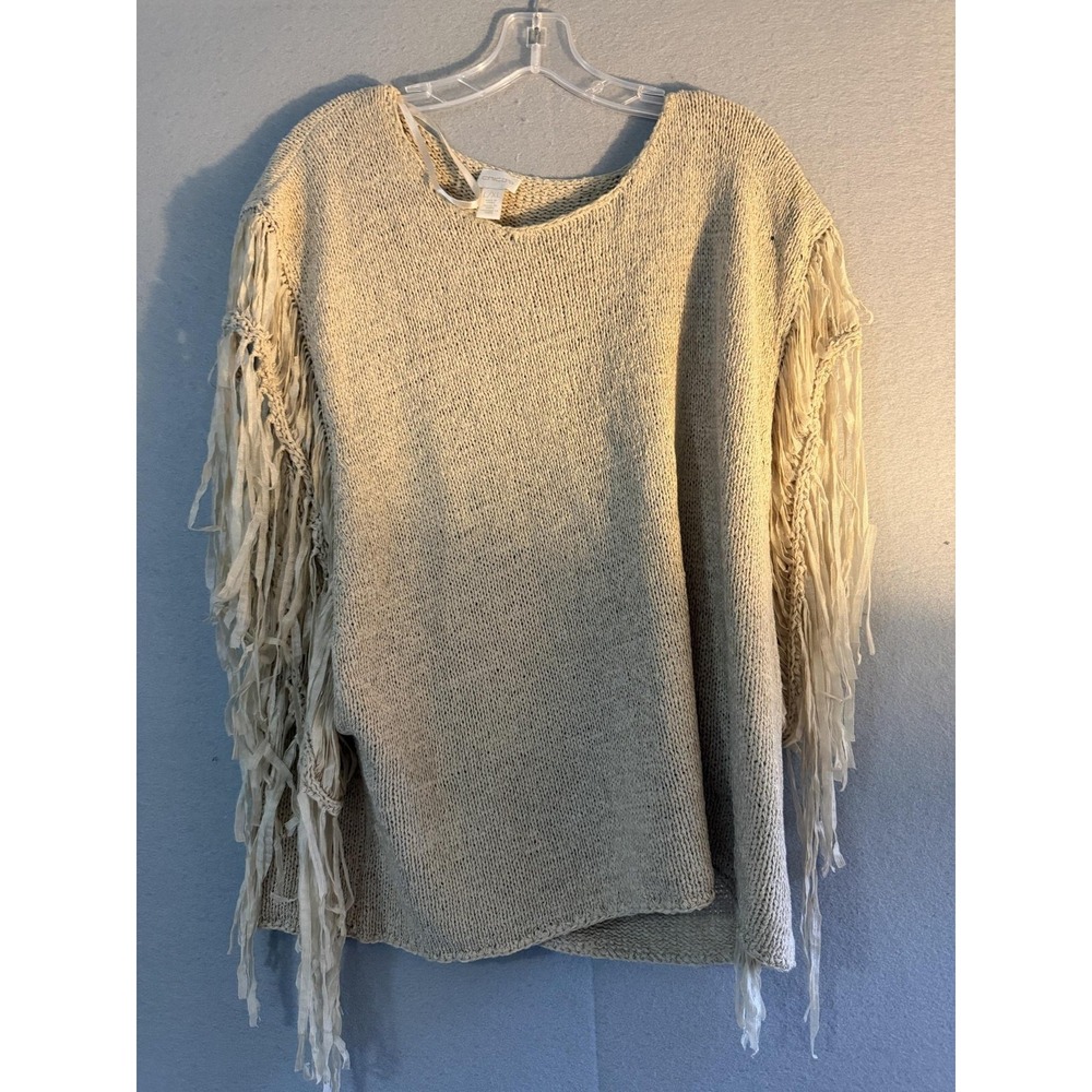 Chicos Sweater Womens L/XL Beige Fringe Sleeveless Scoop Neck Open Knit Pullover